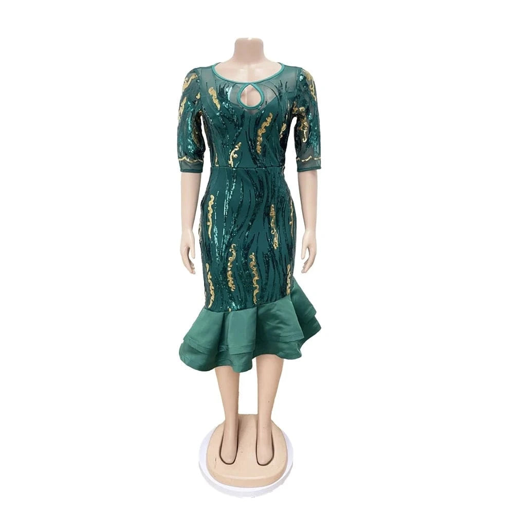 ZHEZHE New Arrivals 2024 Spring Long Sleeve Sequin Mesh Sexy Party Dress African Women's Wear plus size L-3XL