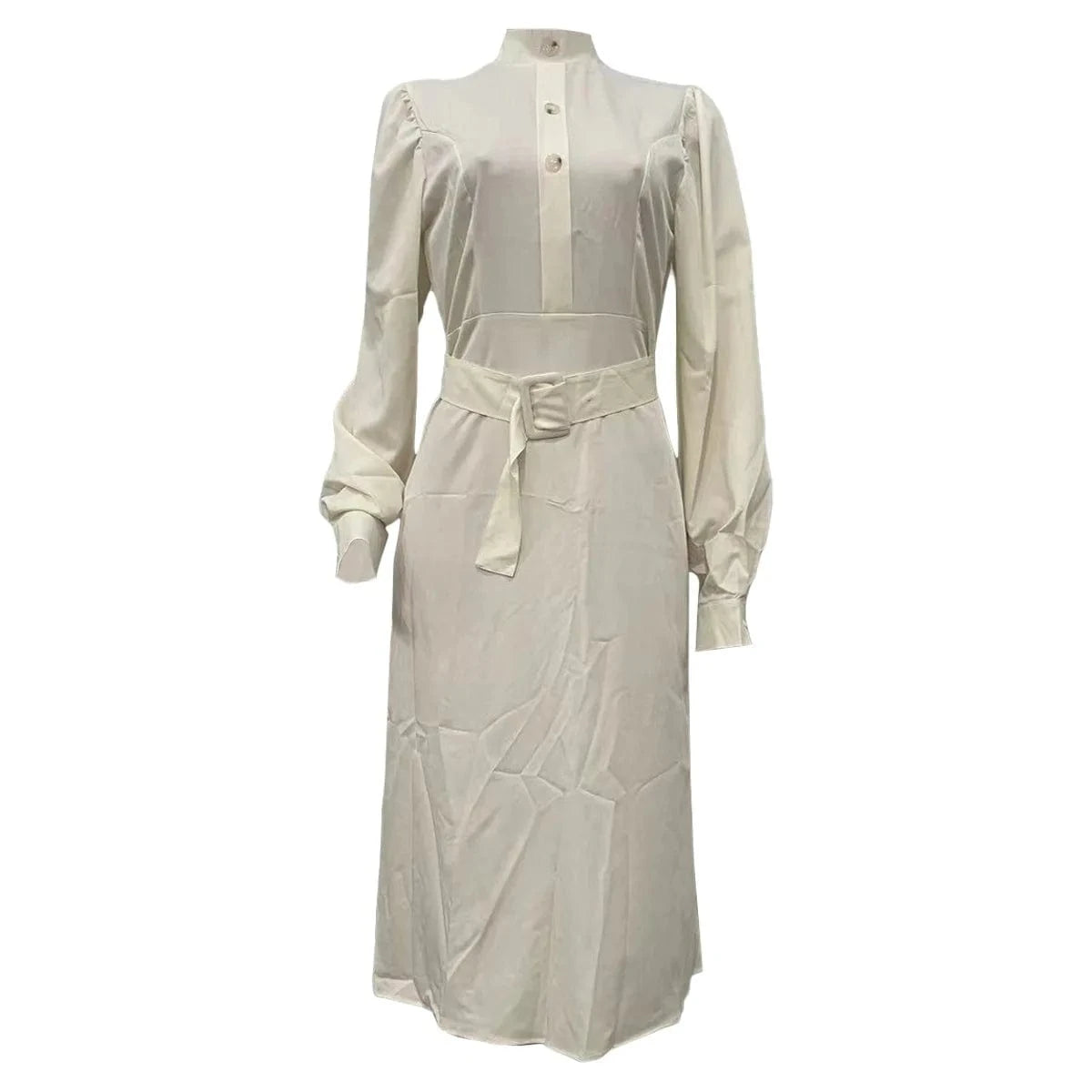 ZHEZHE New Arrivals 2024 White Long Sleeve Shirt Collar With Waist Belt Mid Length Slim Fit Elegant Casual Dresses For Women