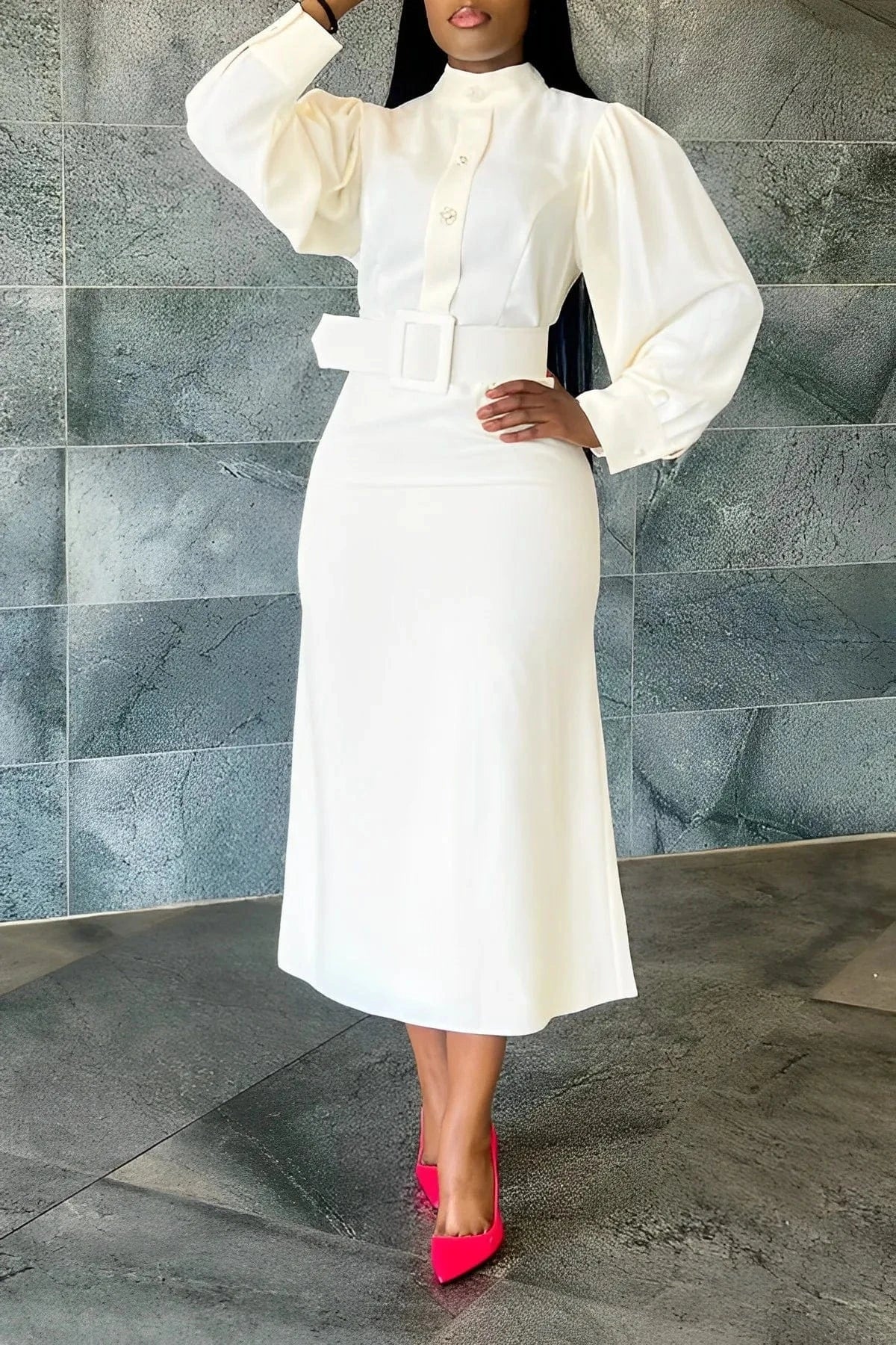 ZHEZHE New Arrivals 2024 White Long Sleeve Shirt Collar With Waist Belt Mid Length Slim Fit Elegant Casual Dresses For Women