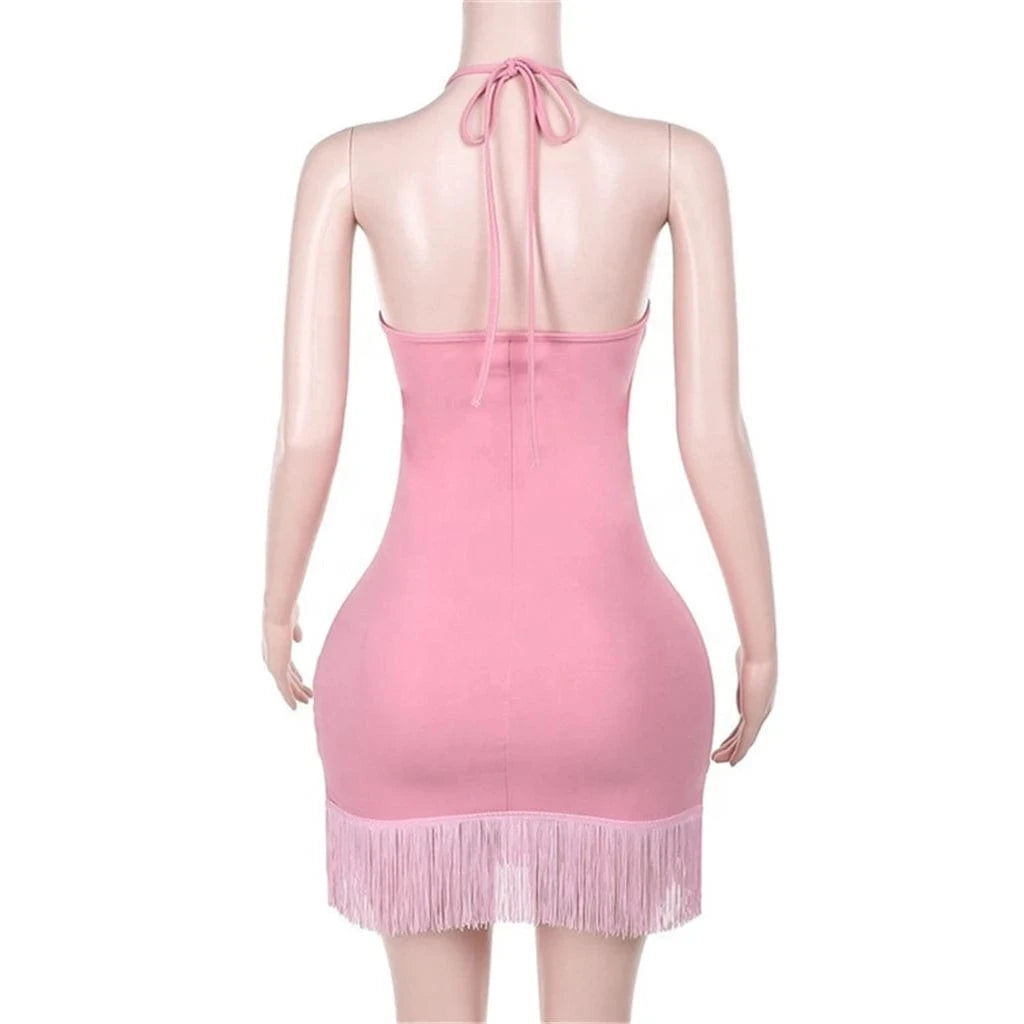 ZHEZHE Sexy Halter Backless Tassel Bodycon Mini Dress Women Sleeveless Night Club Outfits 2024 Summer Fairy Grunge Party Dress