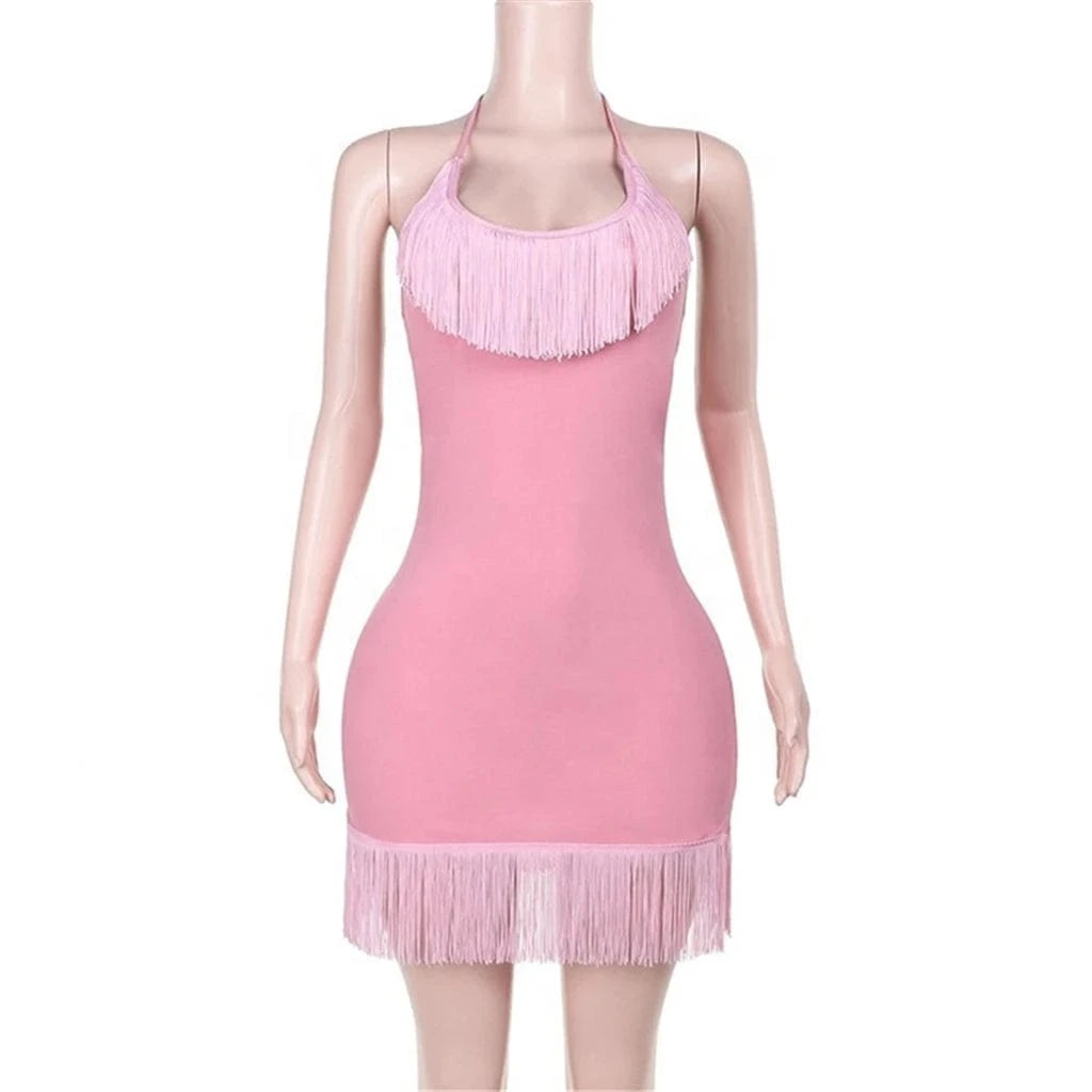 ZHEZHE Sexy Halter Backless Tassel Bodycon Mini Dress Women Sleeveless Night Club Outfits 2024 Summer Fairy Grunge Party Dress