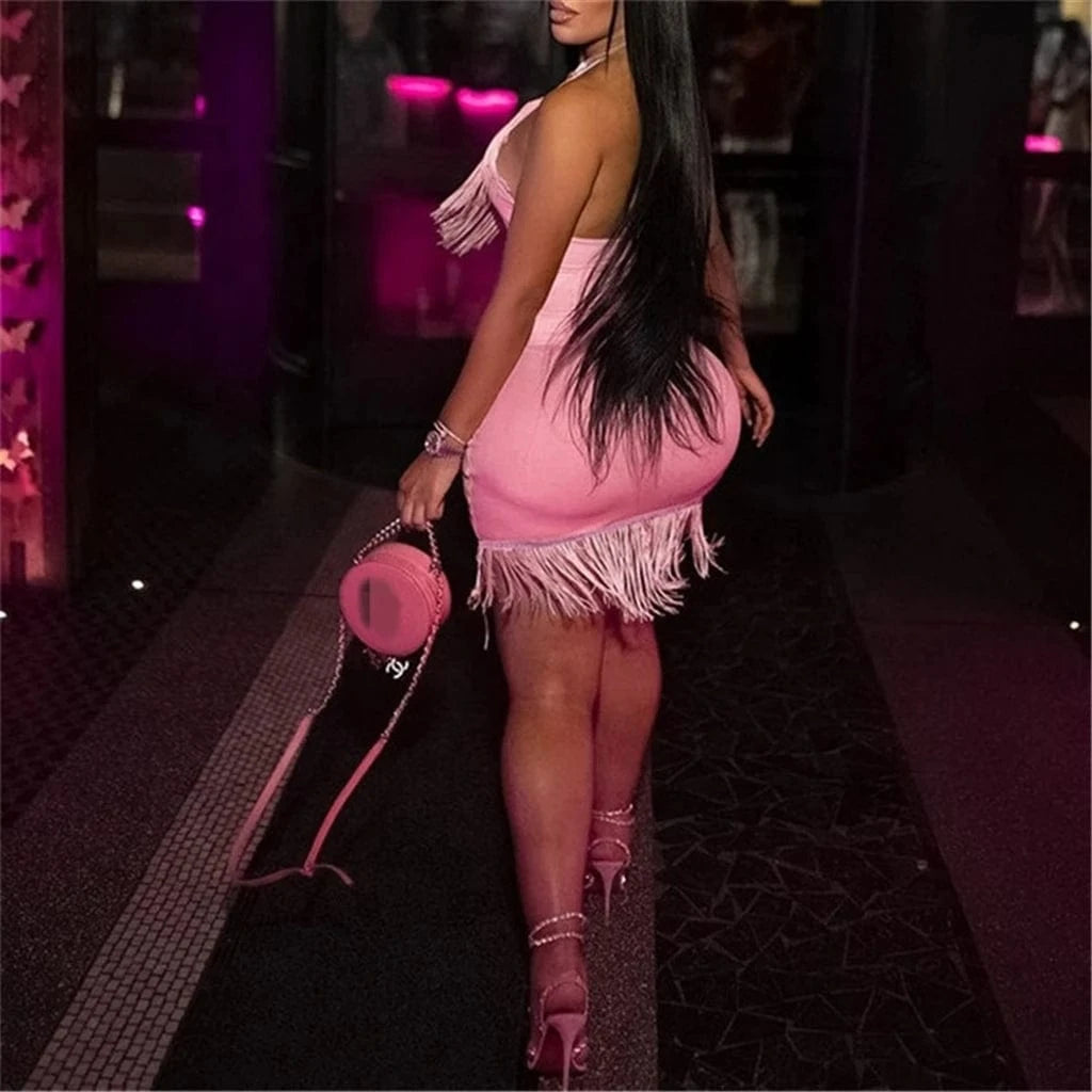 ZHEZHE Sexy Halter Backless Tassel Bodycon Mini Dress Women Sleeveless Night Club Outfits 2024 Summer Fairy Grunge Party Dress