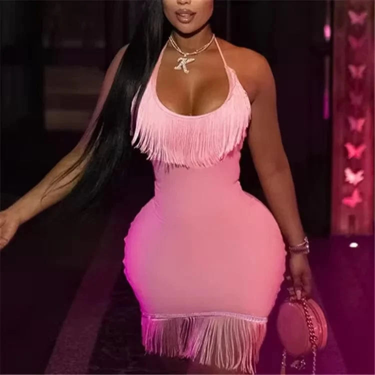 ZHEZHE Sexy Halter Backless Tassel Bodycon Mini Dress Women Sleeveless Night Club Outfits 2024 Summer Fairy Grunge Party Dress