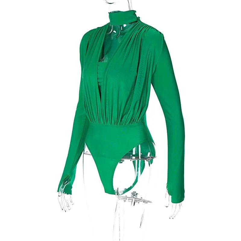 ZHEZHE Spring 2024 New Jumpsuit Sexy V Neck Hollow Bodycon Romper Bottoming Stitching Long Sleeve Bodysuit Women