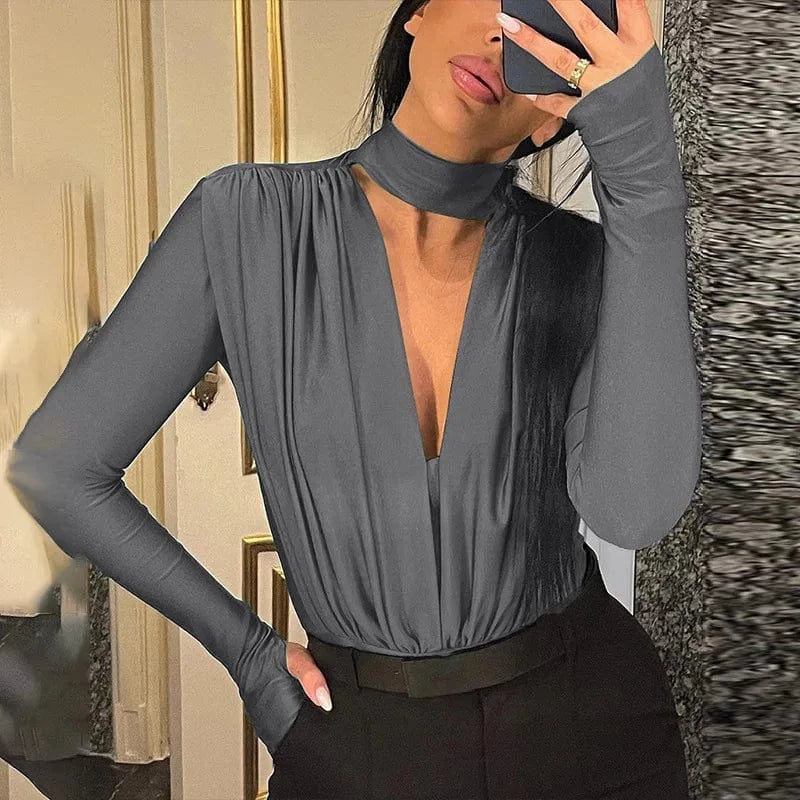 ZHEZHE Spring 2024 New Jumpsuit Sexy V Neck Hollow Bodycon Romper Bottoming Stitching Long Sleeve Bodysuit Women