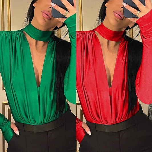 ZHEZHE Spring 2024 New Jumpsuit Sexy V Neck Hollow Bodycon Romper Bottoming Stitching Long Sleeve Bodysuit Women