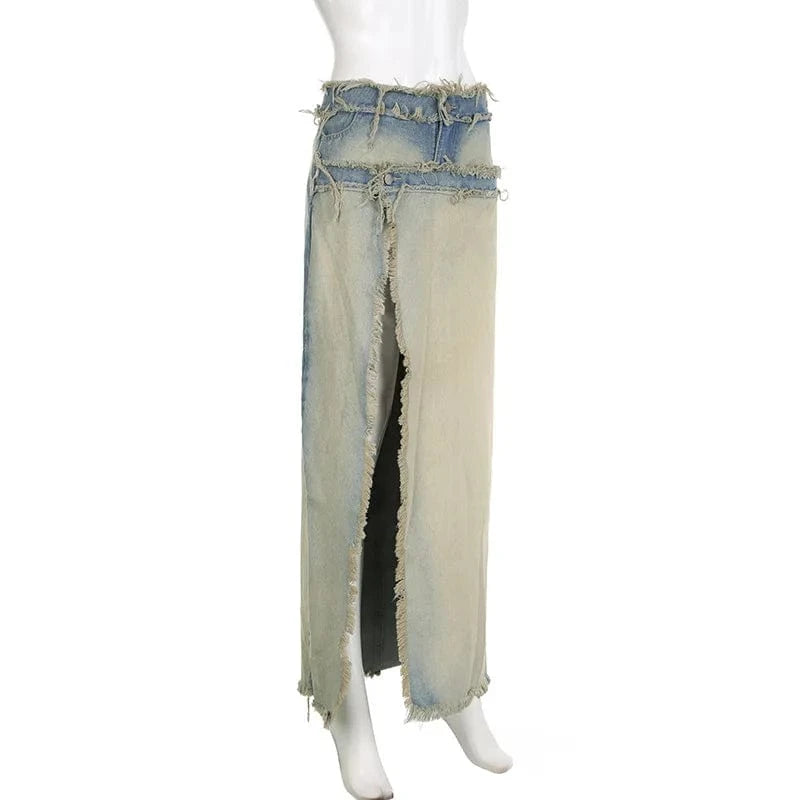 ZHEZHE Spring 2024 New Women's Denim Skirt Washed Zipper Patchwork Detachable Fashion Skirt Jeans Women's Denim Clothing