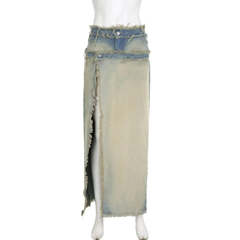 ZHEZHE Spring 2024 New Women's Denim Skirt Washed Zipper Patchwork Detachable Fashion Skirt Jeans Women's Denim Clothing