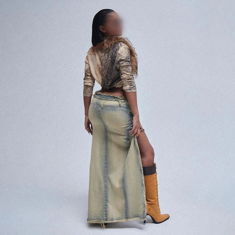 ZHEZHE Spring 2024 New Women's Denim Skirt Washed Zipper Patchwork Detachable Fashion Skirt Jeans Women's Denim Clothing