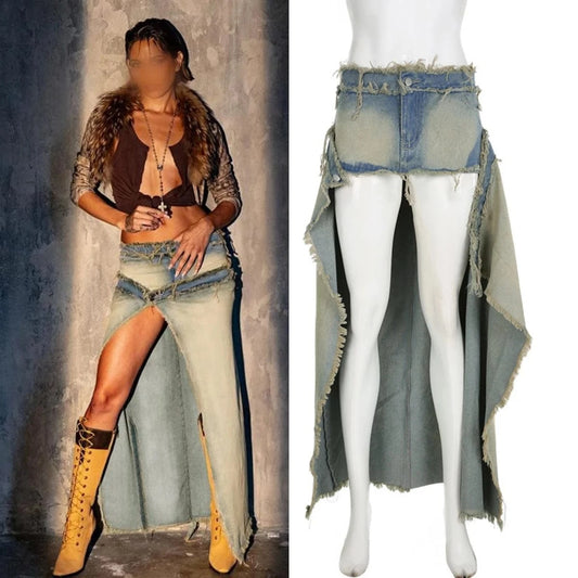ZHEZHE Spring 2024 New Women's Denim Skirt Washed Zipper Patchwork Detachable Fashion Skirt Jeans Women's Denim Clothing