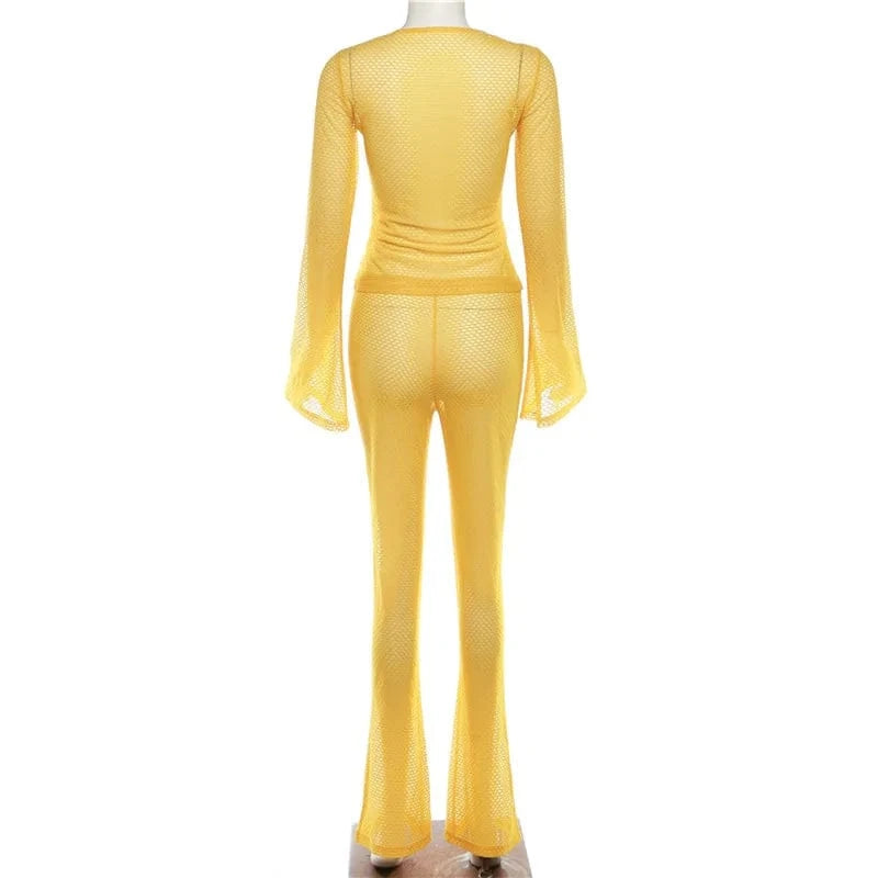 ZHEZHE Spring 2024 Stylish Women'S Wear Slim Fit Perspective Long Sleeve Crop Top High Waist Casual Leggings Pants Two Piece Set