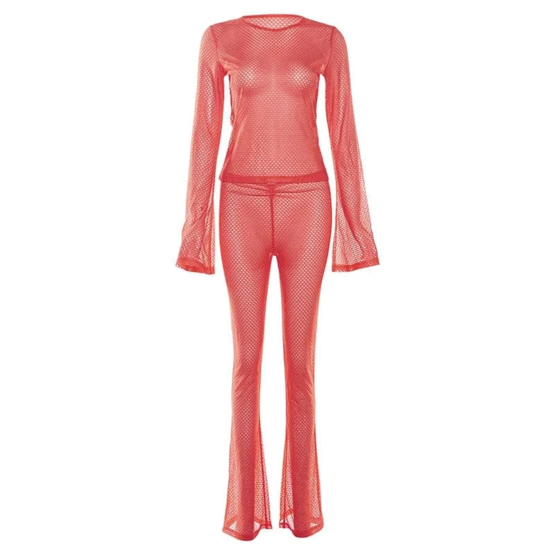 ZHEZHE Spring 2024 Stylish Women'S Wear Slim Fit Perspective Long Sleeve Crop Top High Waist Casual Leggings Pants Two Piece Set