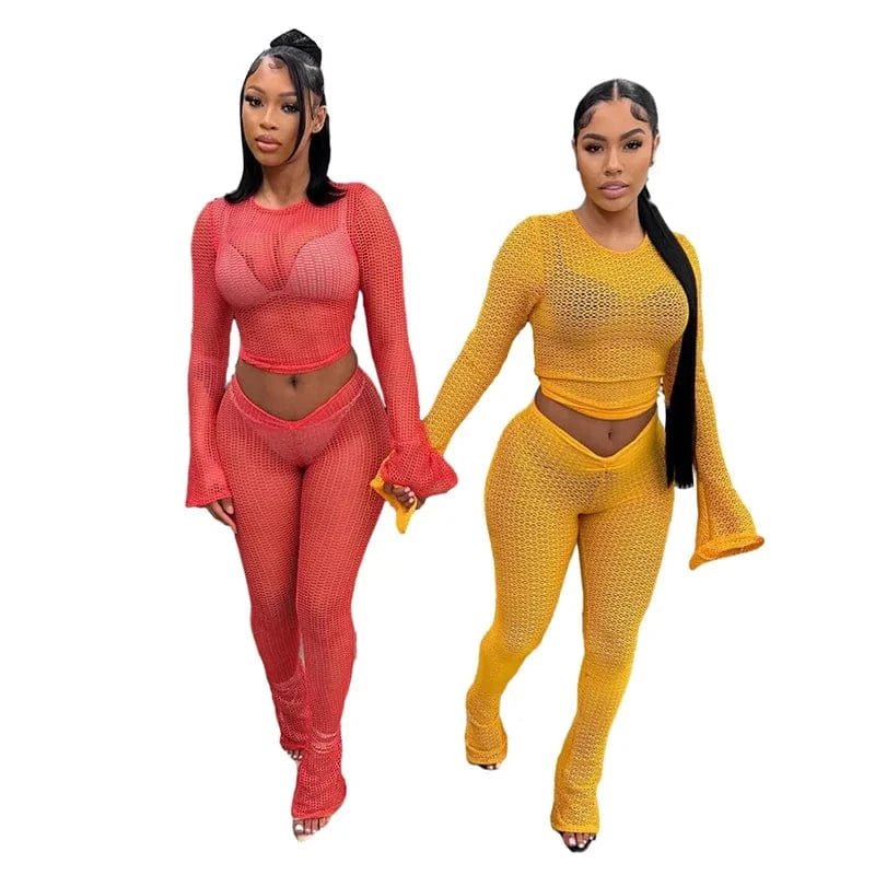 ZHEZHE Spring 2024 Stylish Women'S Wear Slim Fit Perspective Long Sleeve Crop Top High Waist Casual Leggings Pants Two Piece Set