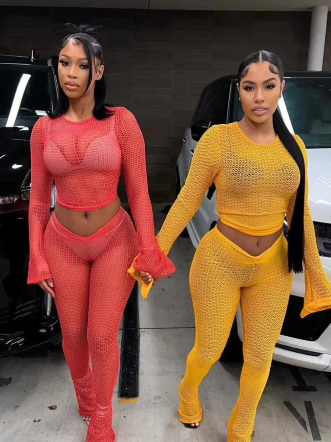 ZHEZHE Spring 2024 Stylish Women'S Wear Slim Fit Perspective Long Sleeve Crop Top High Waist Casual Leggings Pants Two Piece Set