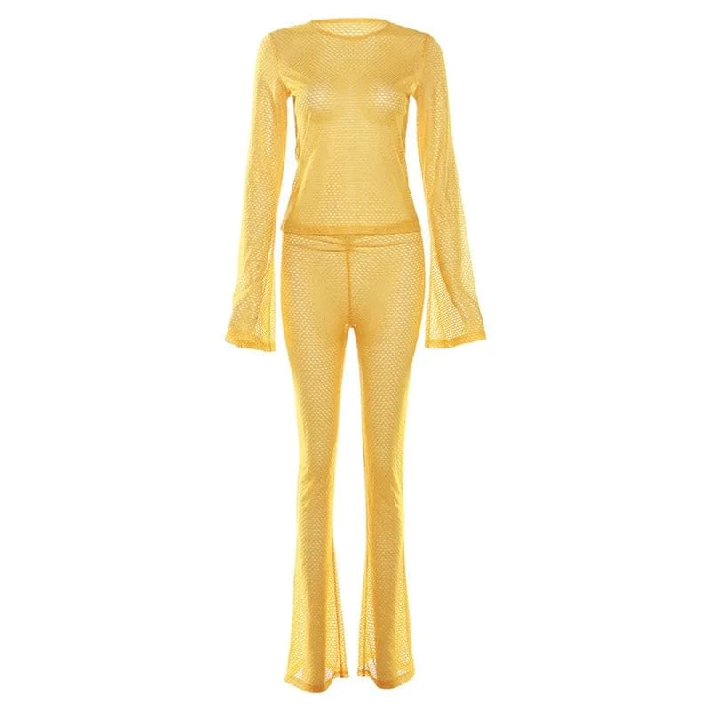 ZHEZHE Spring 2024 Stylish Women'S Wear Slim Fit Perspective Long Sleeve Crop Top High Waist Casual Leggings Pants Two Piece Set