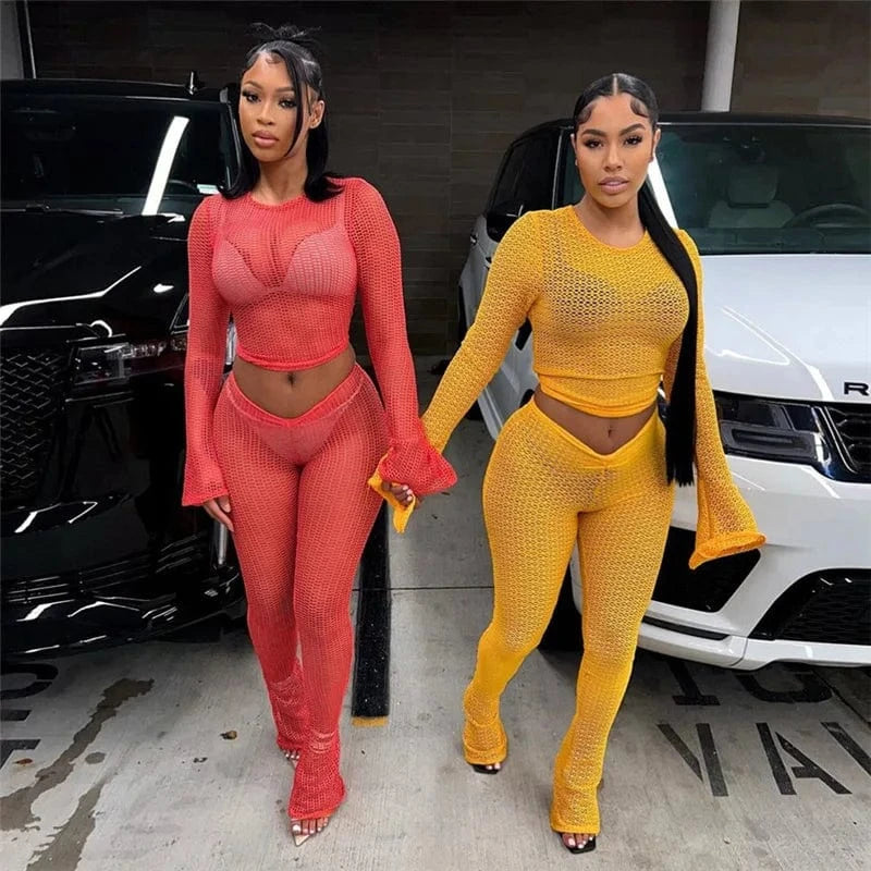 ZHEZHE Spring 2024 Stylish Women'S Wear Slim Fit Perspective Long Sleeve Crop Top High Waist Casual Leggings Pants Two Piece Set