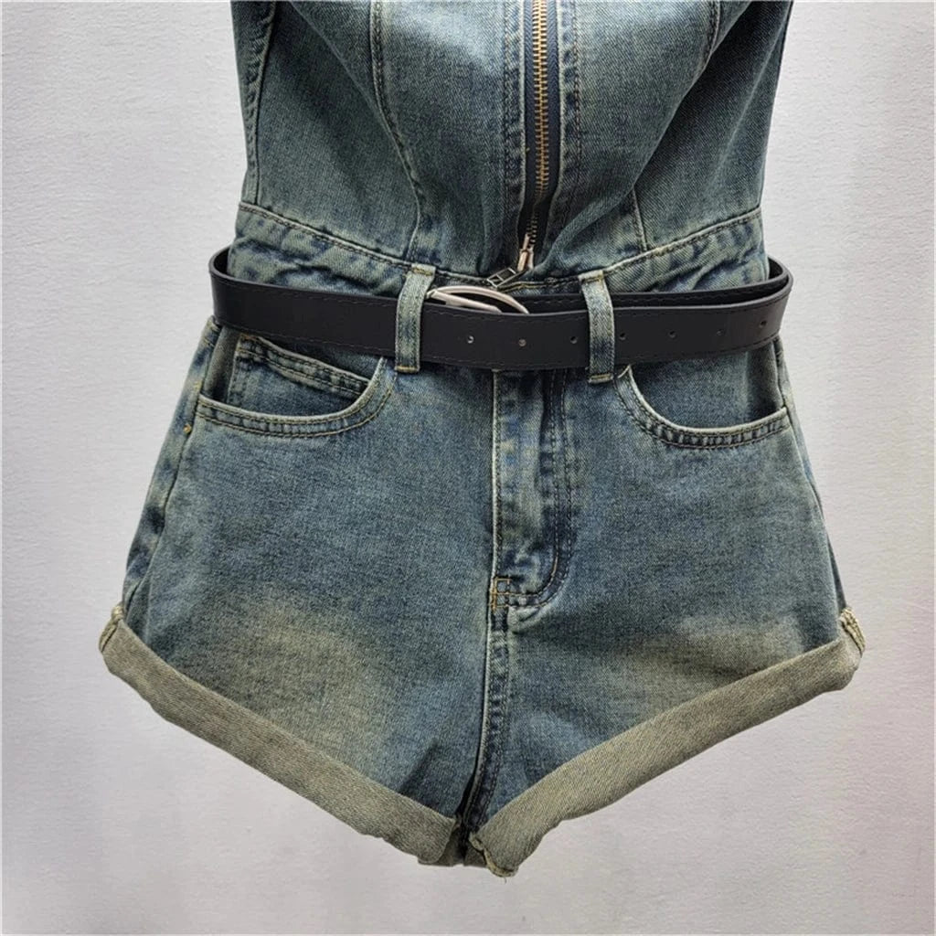 ZHEZHE Streetwear Sexy Fashion Bodycon Sleeveless Casual Halter Short One Piece Women Lady Short Washed Denim Romper Jumpsuit