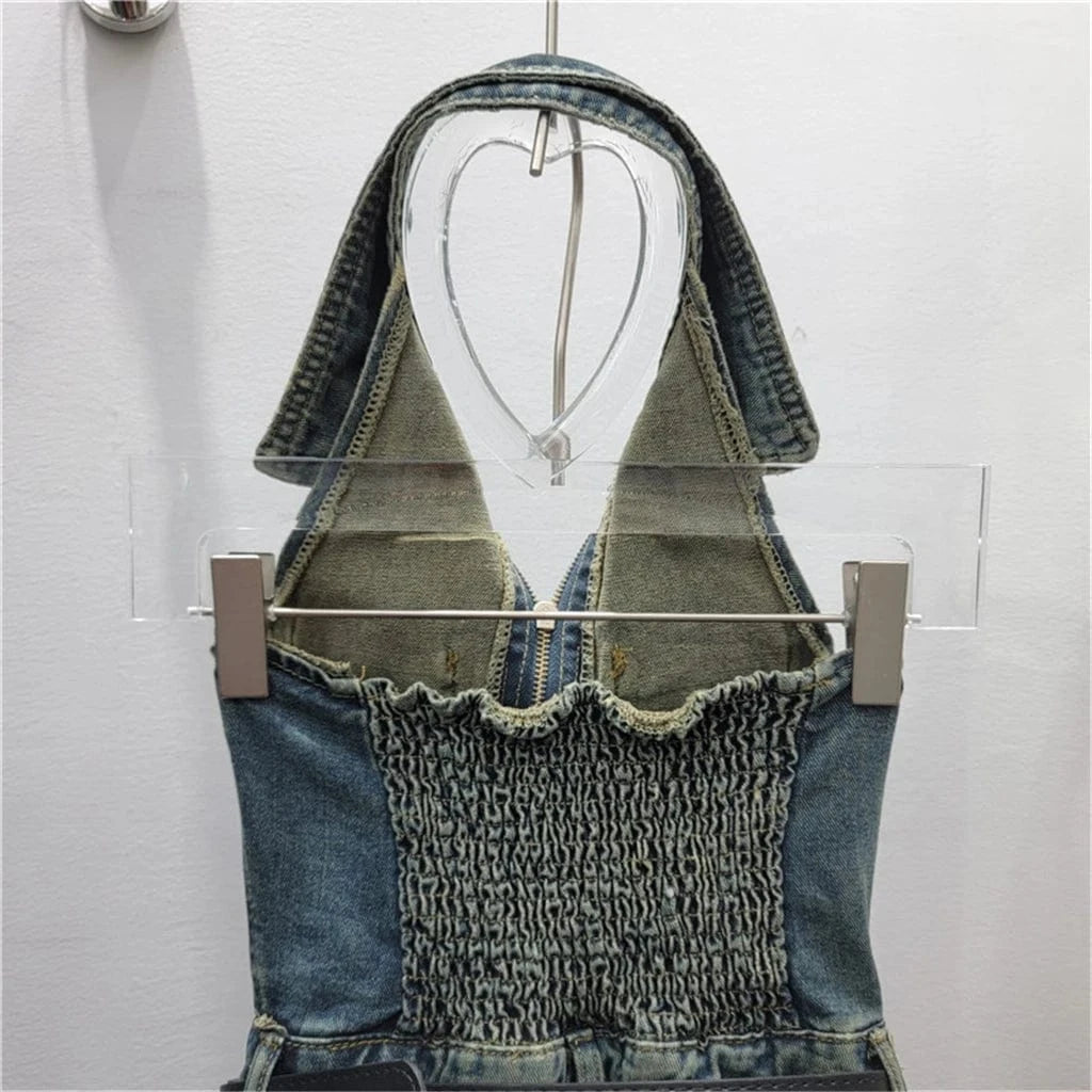 ZHEZHE Streetwear Sexy Fashion Bodycon Sleeveless Casual Halter Short One Piece Women Lady Short Washed Denim Romper Jumpsuit