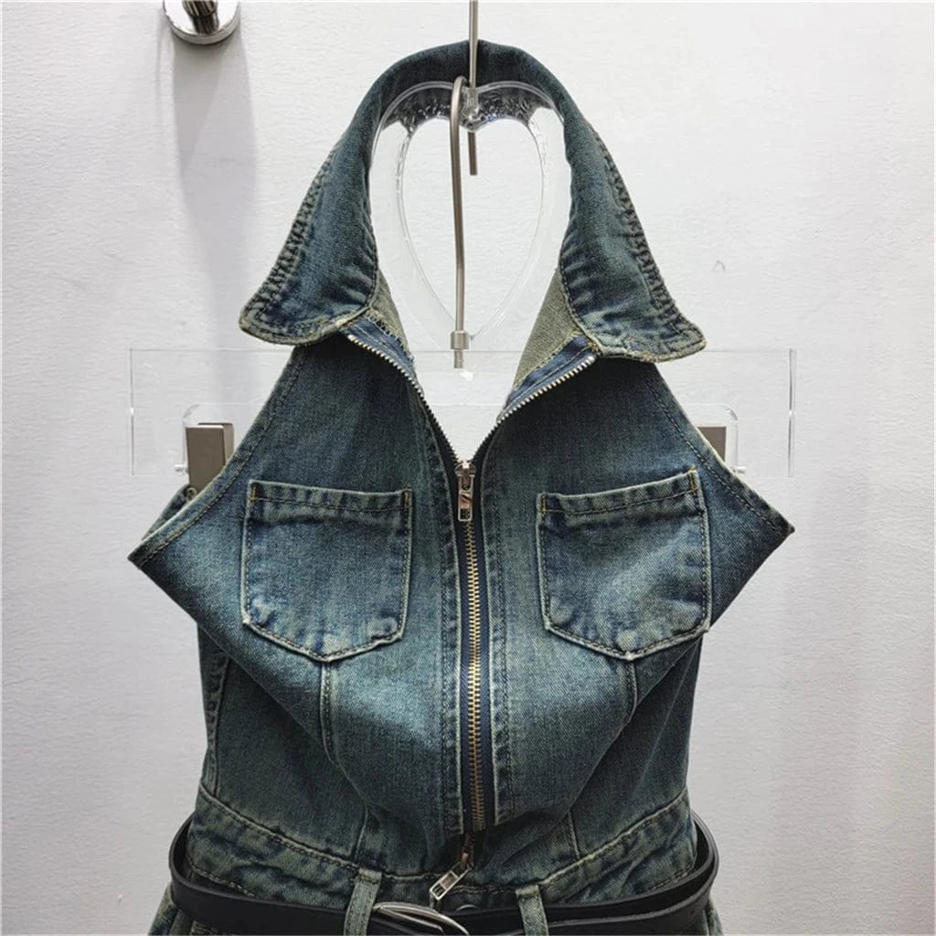 ZHEZHE Streetwear Sexy Fashion Bodycon Sleeveless Casual Halter Short One Piece Women Lady Short Washed Denim Romper Jumpsuit