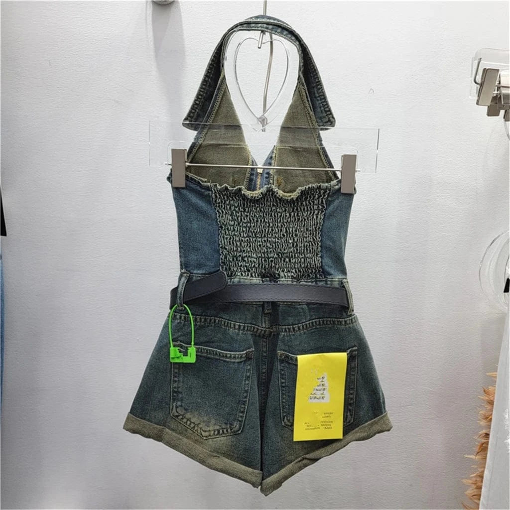 ZHEZHE Streetwear Sexy Fashion Bodycon Sleeveless Casual Halter Short One Piece Women Lady Short Washed Denim Romper Jumpsuit