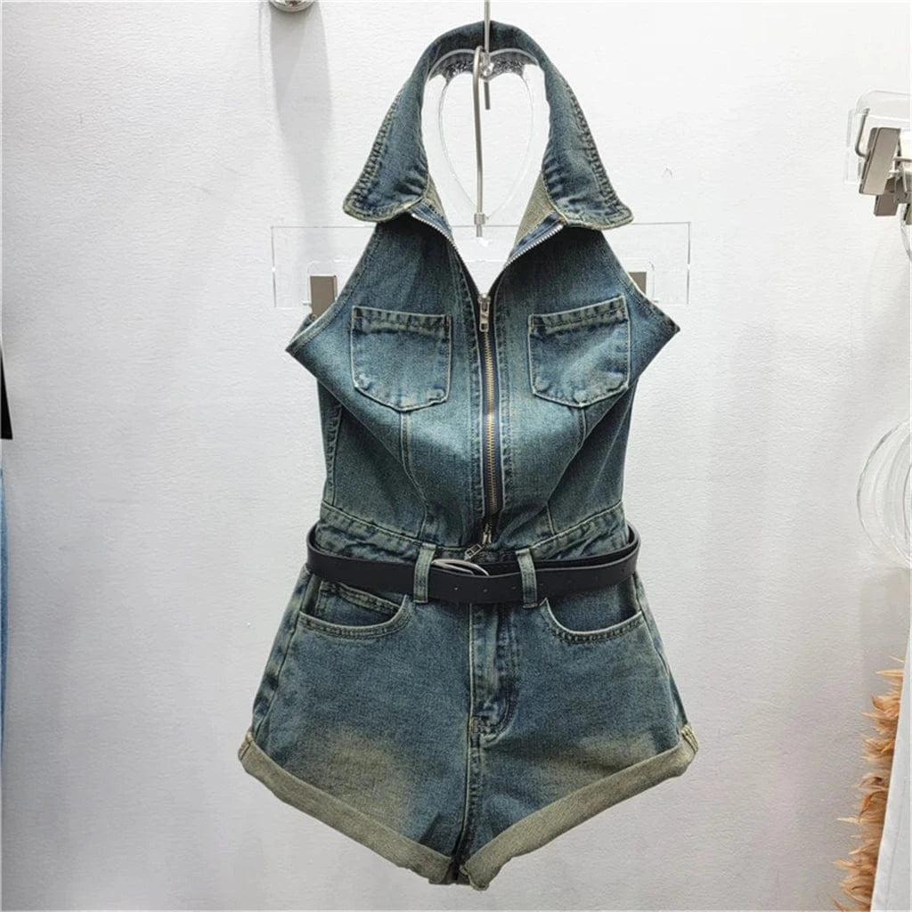 ZHEZHE Streetwear Sexy Fashion Bodycon Sleeveless Casual Halter Short One Piece Women Lady Short Washed Denim Romper Jumpsuit