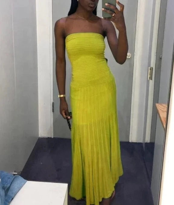 ZHEZHE Summer 2024 Tube Top Strapless Pleated Long Skirt Dress Solid Shinny Casual Maxi Dresses