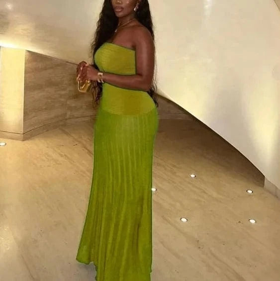 ZHEZHE Summer 2024 Tube Top Strapless Pleated Long Skirt Dress Solid Shinny Casual Maxi Dresses