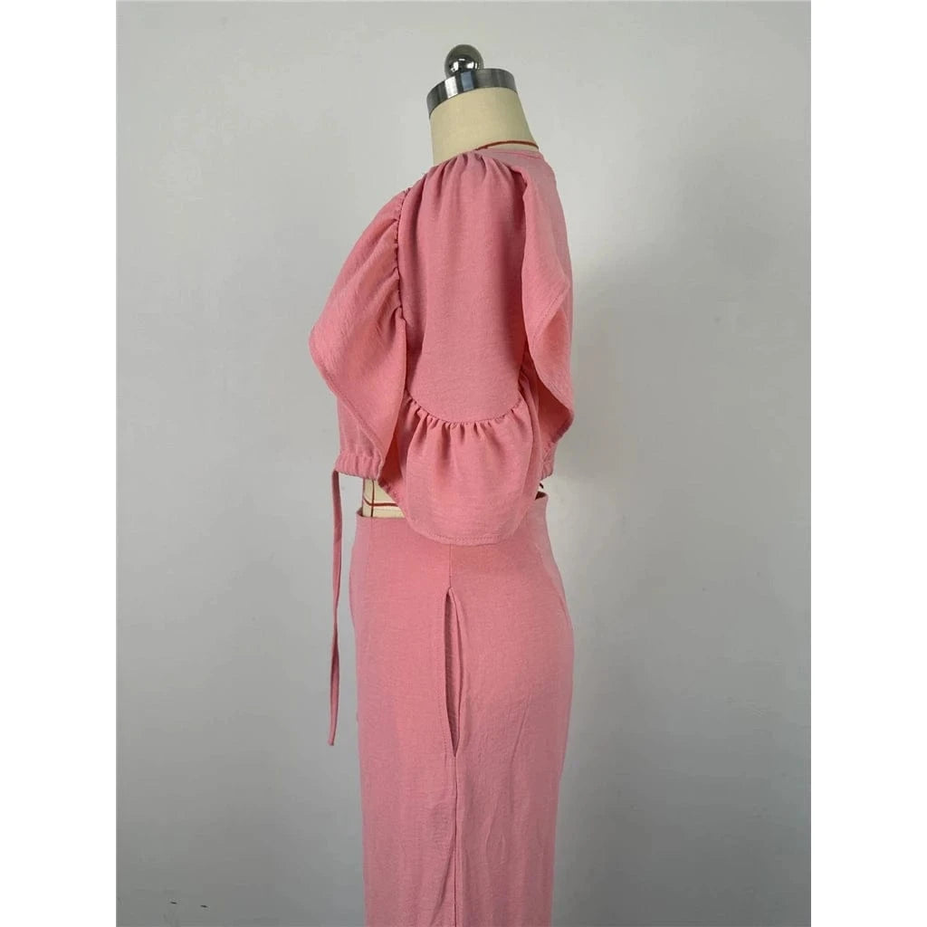 ZHEZHE Summer Outfits For Women Fashion V-neck Flared Sleeve Strap Top And Wide Leg Pants Two Piece Set Women Clothing