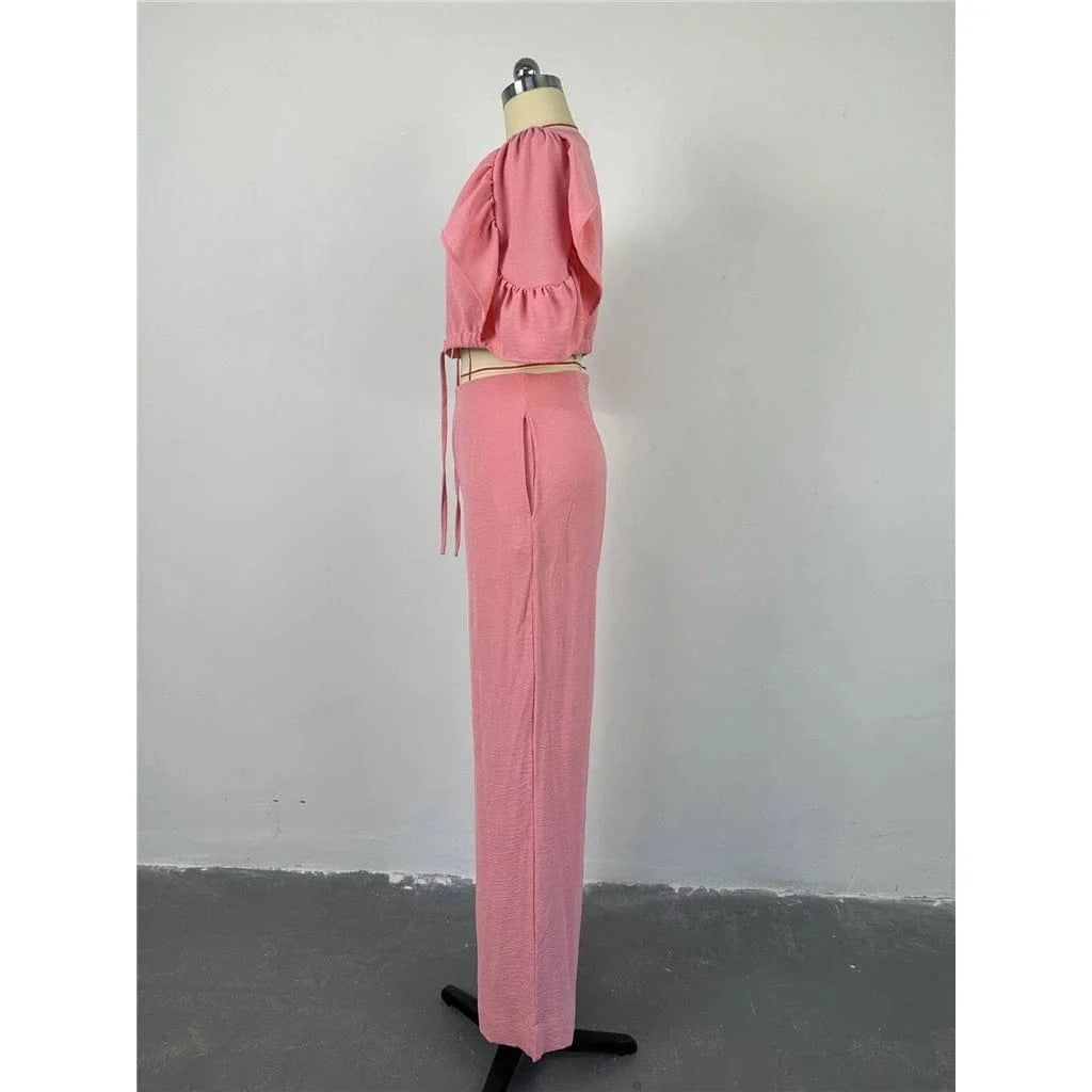 ZHEZHE Summer Outfits For Women Fashion V-neck Flared Sleeve Strap Top And Wide Leg Pants Two Piece Set Women Clothing