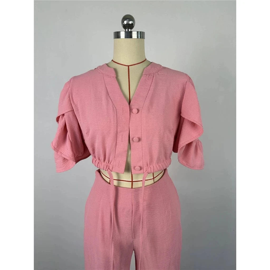 ZHEZHE Summer Outfits For Women Fashion V-neck Flared Sleeve Strap Top And Wide Leg Pants Two Piece Set Women Clothing