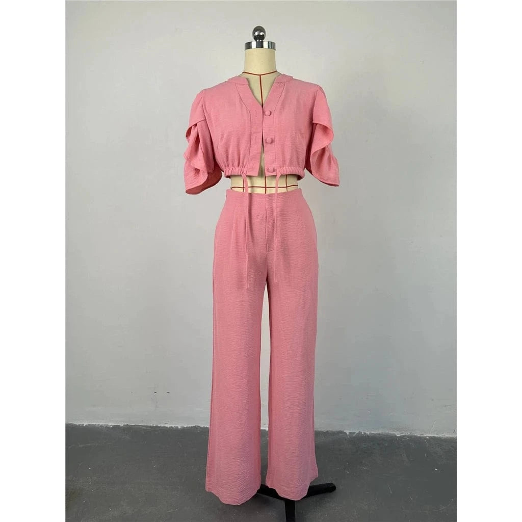 ZHEZHE Summer Outfits For Women Fashion V-neck Flared Sleeve Strap Top And Wide Leg Pants Two Piece Set Women Clothing