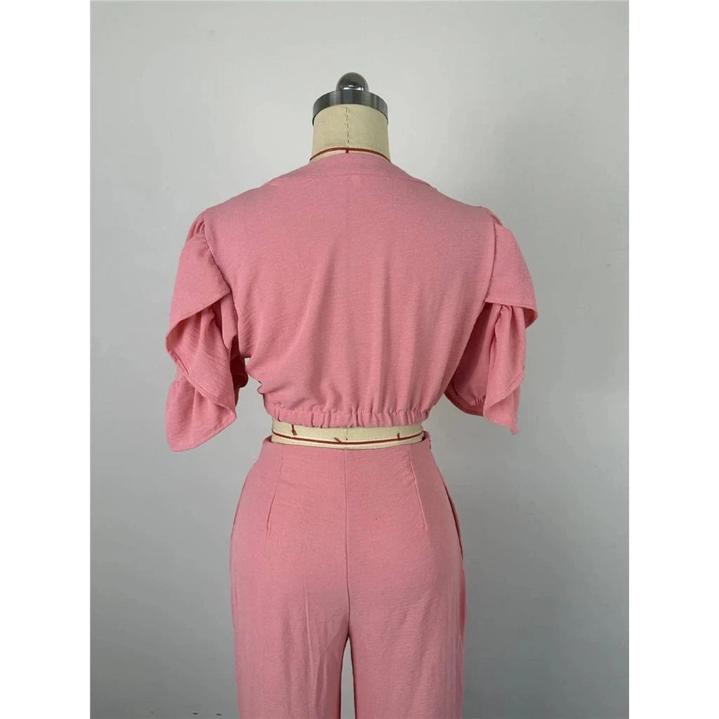 ZHEZHE Summer Outfits For Women Fashion V-neck Flared Sleeve Strap Top And Wide Leg Pants Two Piece Set Women Clothing
