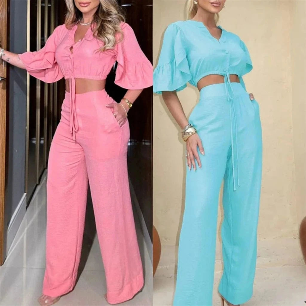 ZHEZHE Summer Outfits For Women Fashion V-neck Flared Sleeve Strap Top And Wide Leg Pants Two Piece Set Women Clothing