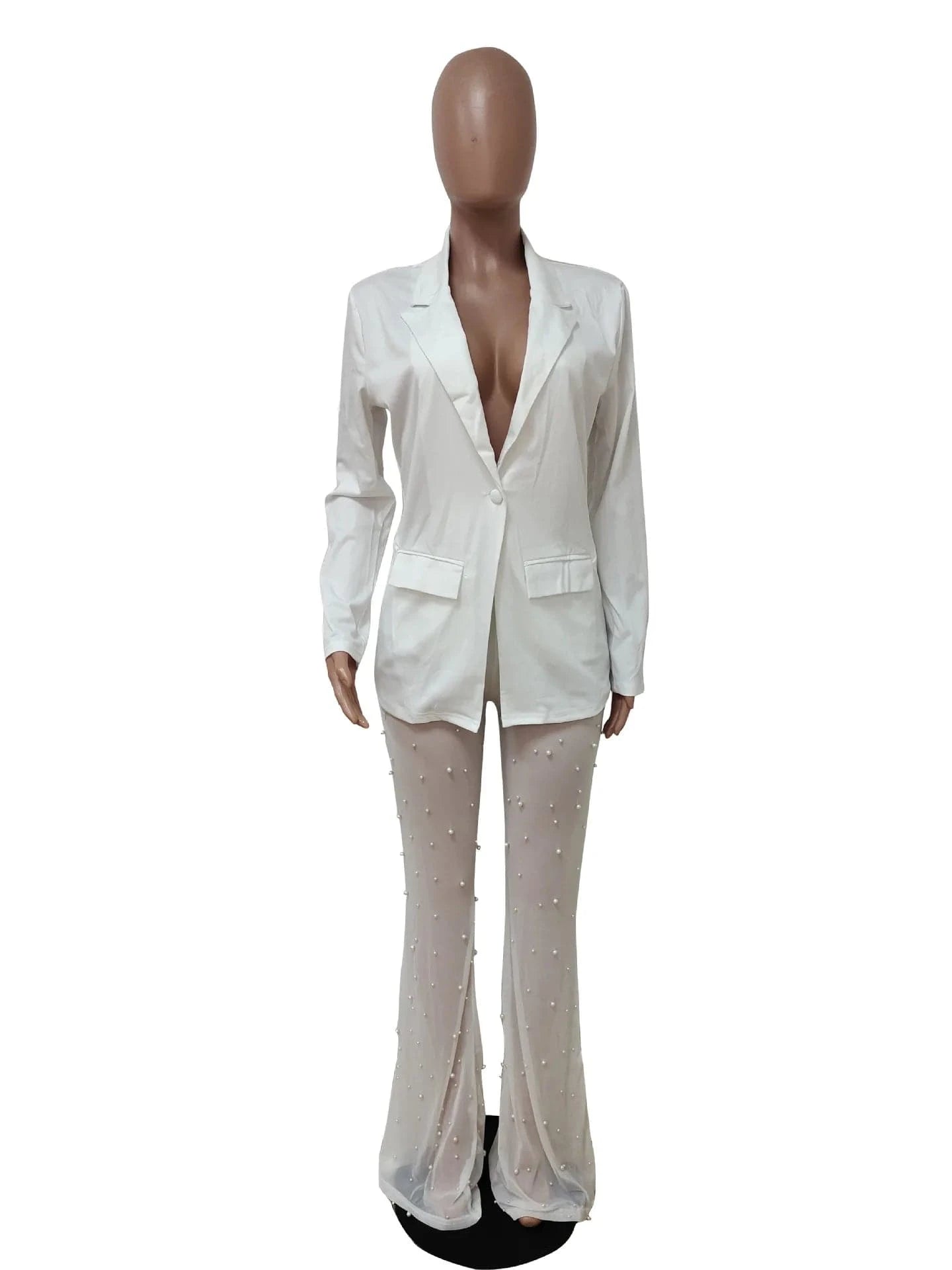 ZHEZHE Wholesale Women Clothing 2024 Fashion Blazer And Beaded Mesh Pants Suit Two Piece Outfits Set
