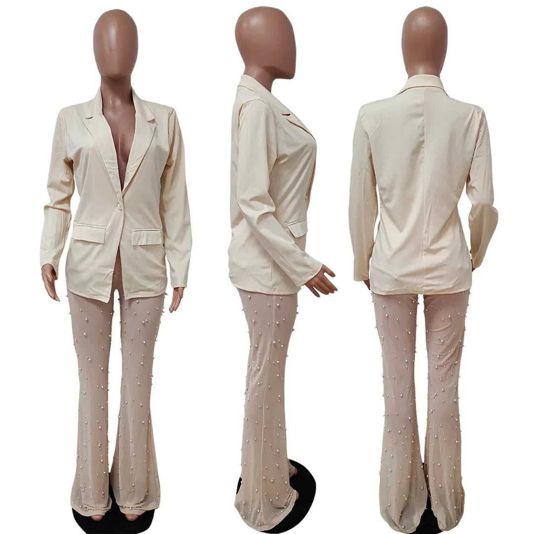 ZHEZHE Wholesale Women Clothing 2024 Fashion Blazer And Beaded Mesh Pants Suit Two Piece Outfits Set