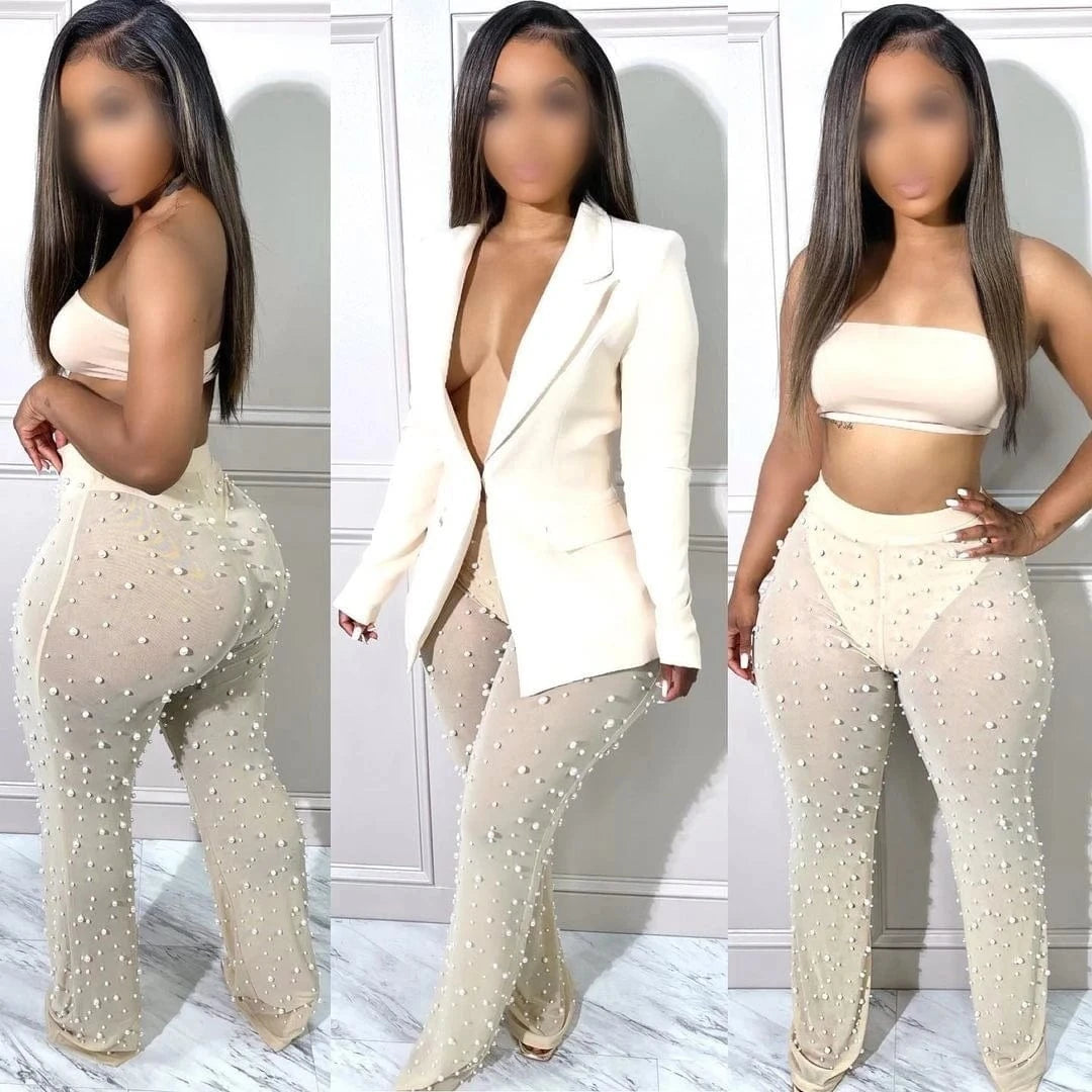 ZHEZHE Wholesale Women Clothing 2024 Fashion Blazer And Beaded Mesh Pants Suit Two Piece Outfits Set