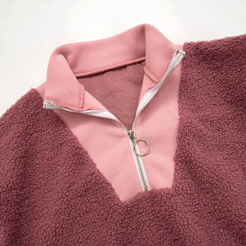 ZHEZHE Winter 2024 New Patchwork Lambwool Stand Collar Long Sleeve Hoodie Top Loose Zipper Casual Top For Women Lady