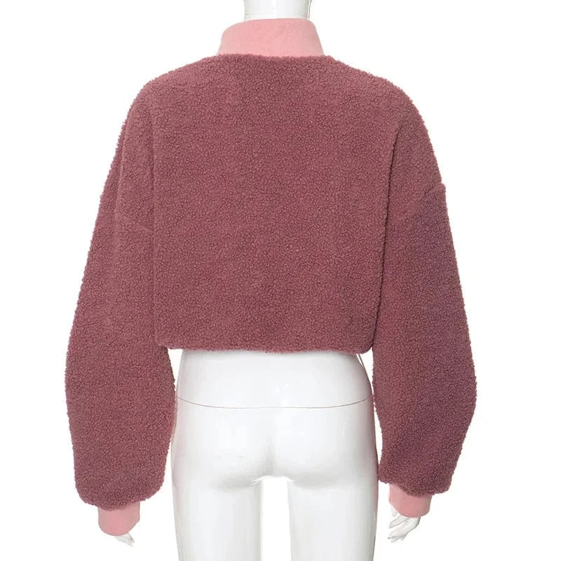 ZHEZHE Winter 2024 New Patchwork Lambwool Stand Collar Long Sleeve Hoodie Top Loose Zipper Casual Top For Women Lady