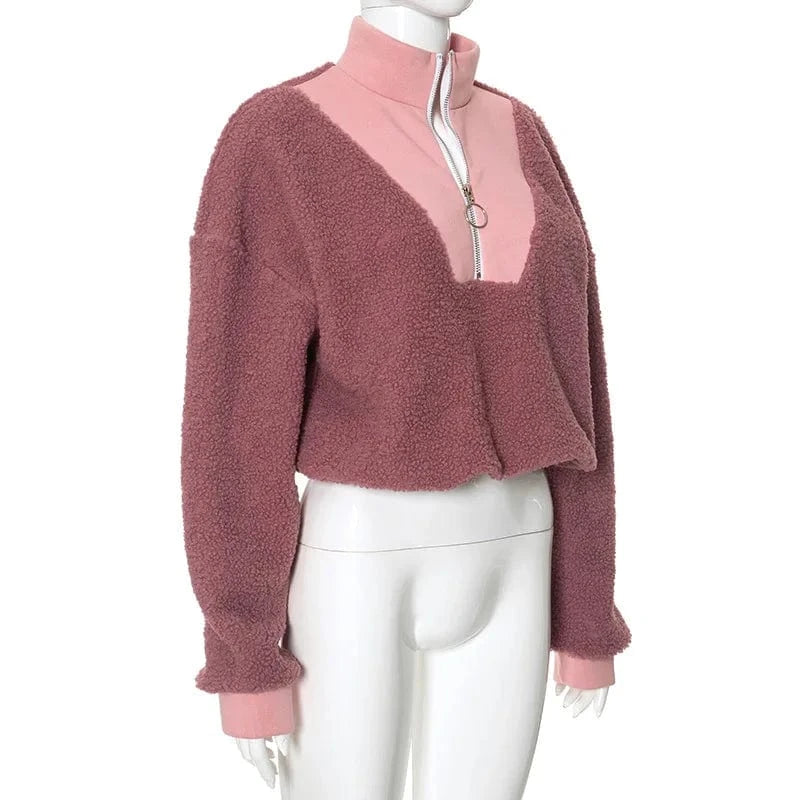 ZHEZHE Winter 2024 New Patchwork Lambwool Stand Collar Long Sleeve Hoodie Top Loose Zipper Casual Top For Women Lady