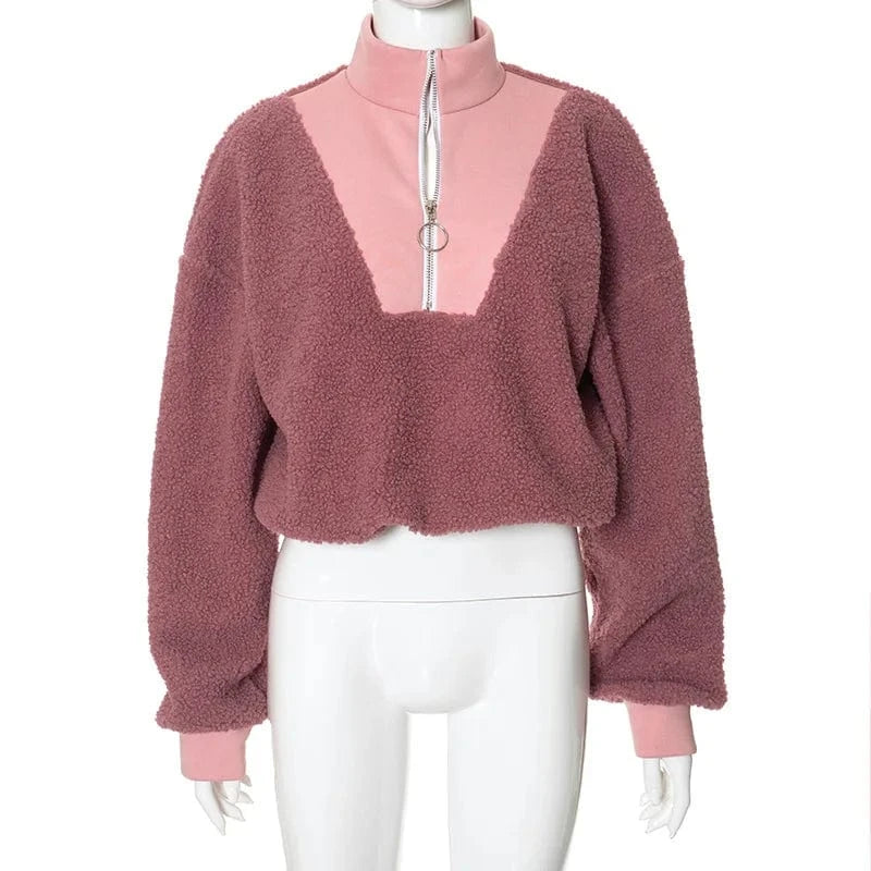 ZHEZHE Winter 2024 New Patchwork Lambwool Stand Collar Long Sleeve Hoodie Top Loose Zipper Casual Top For Women Lady
