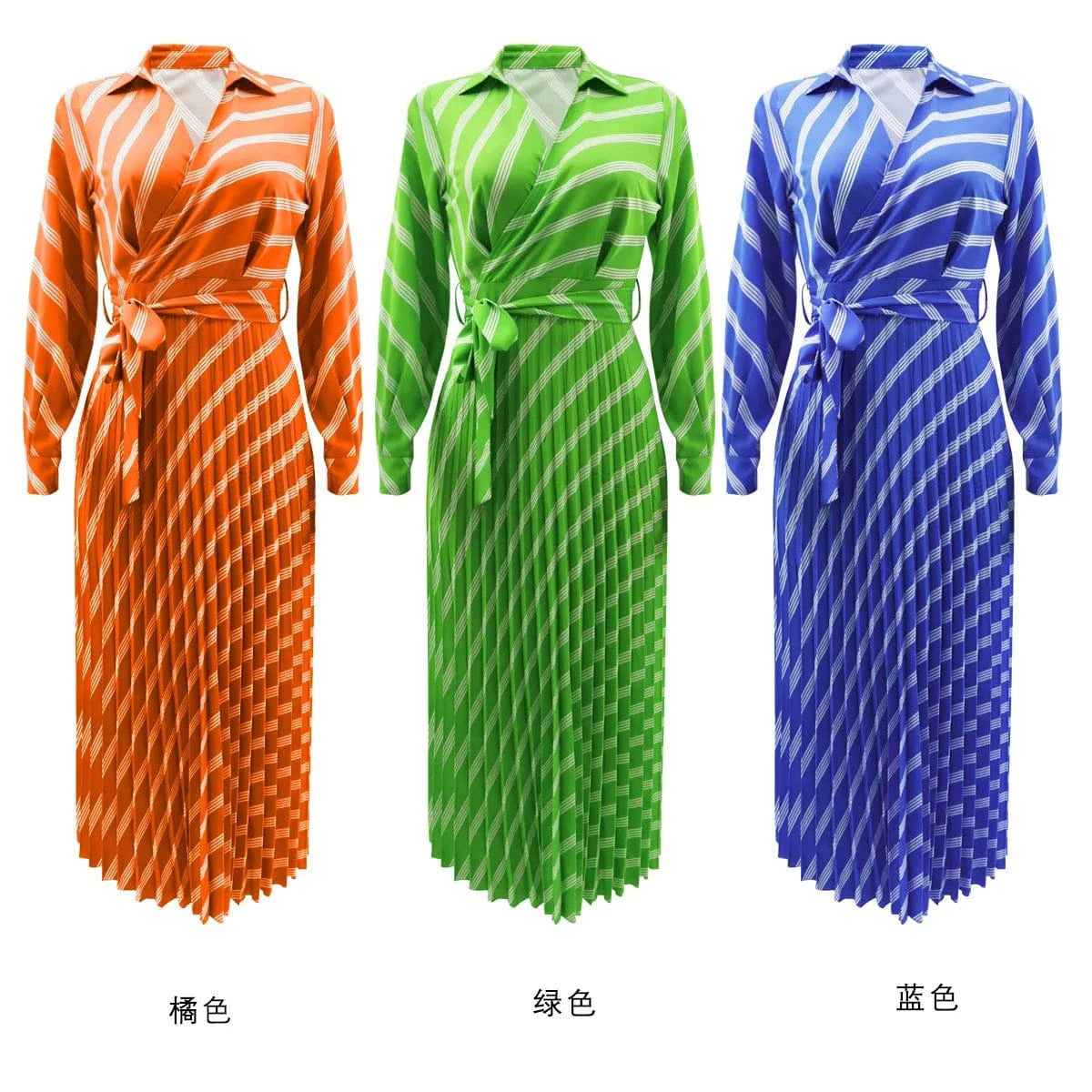 ZHEZHE Women Fall Clothes 2024 Fashion Polo Shirt Stripe Printed High Waist Lace Up Pleated Dress Casual Maxi Long Dress Elegant