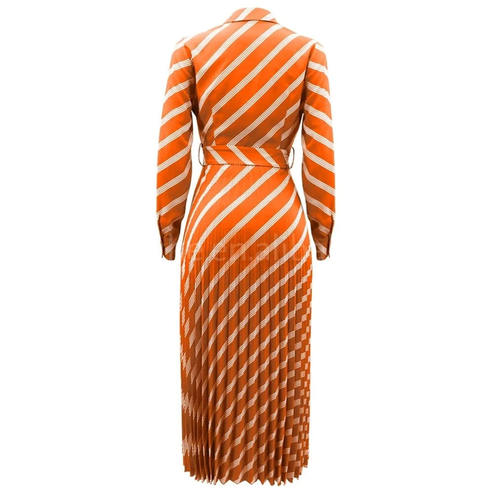 ZHEZHE Women Fall Clothes 2024 Fashion Polo Shirt Stripe Printed High Waist Lace Up Pleated Dress Casual Maxi Long Dress Elegant