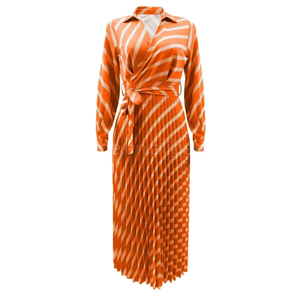 ZHEZHE Women Fall Clothes 2024 Fashion Polo Shirt Stripe Printed High Waist Lace Up Pleated Dress Casual Maxi Long Dress Elegant