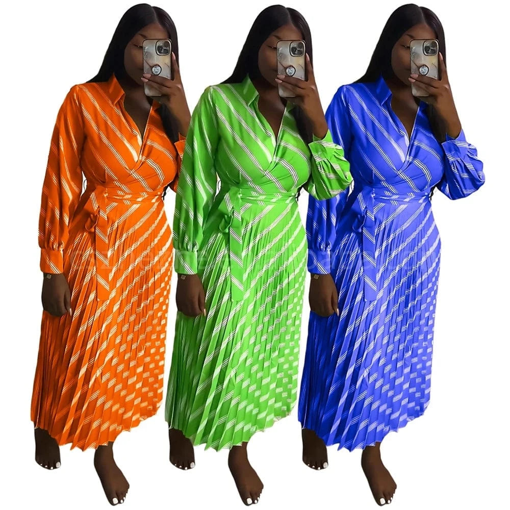 ZHEZHE Women Fall Clothes 2024 Fashion Polo Shirt Stripe Printed High Waist Lace Up Pleated Dress Casual Maxi Long Dress Elegant