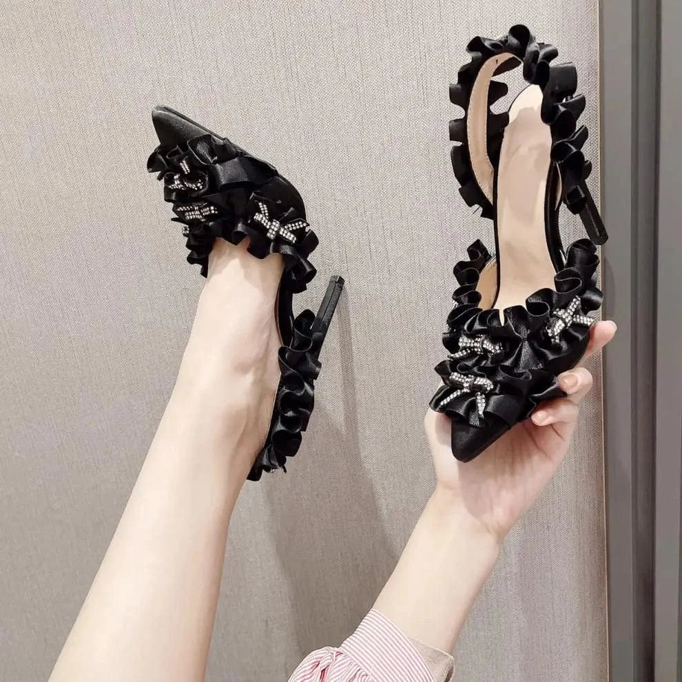 ZHEZHE Women Sandals Ladies Pumps Diamond Mini Bow Women High Heel Shoes 2023 Fashion Wavy Pink Satin botas de mujer