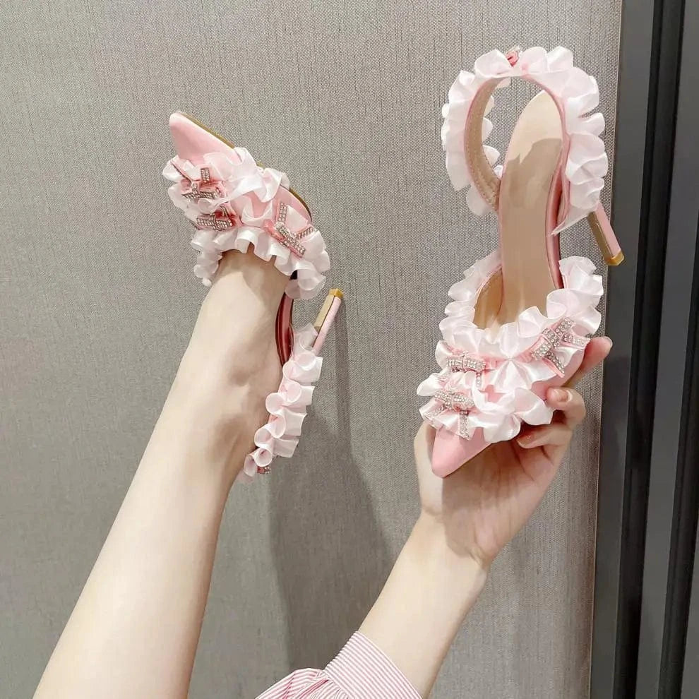 ZHEZHE Women Sandals Ladies Pumps Diamond Mini Bow Women High Heel Shoes 2023 Fashion Wavy Pink Satin botas de mujer