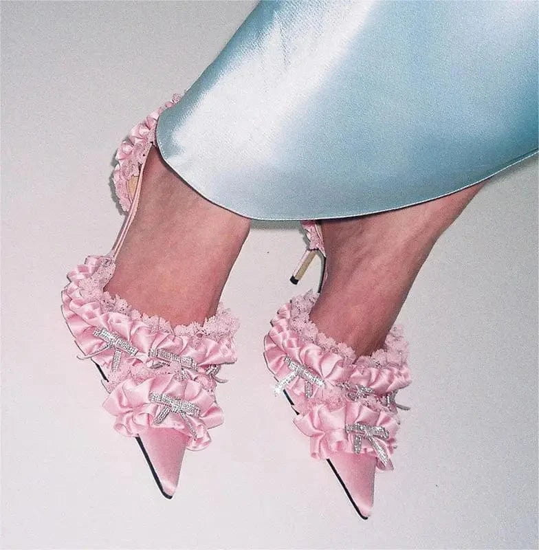 ZHEZHE Women Sandals Ladies Pumps Diamond Mini Bow Women High Heel Shoes 2023 Fashion Wavy Pink Satin botas de mujer