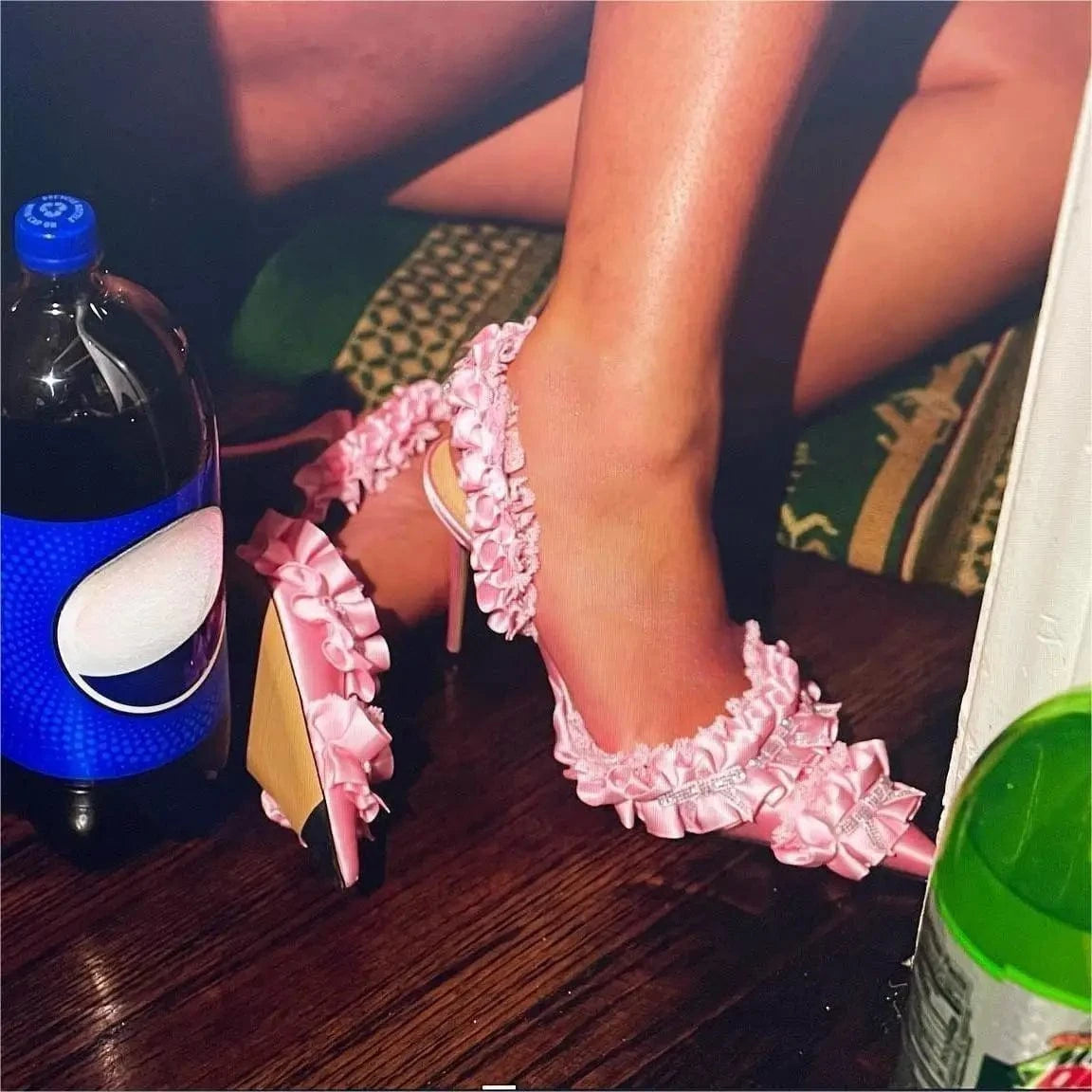 ZHEZHE Women Sandals Ladies Pumps Diamond Mini Bow Women High Heel Shoes 2023 Fashion Wavy Pink Satin botas de mujer