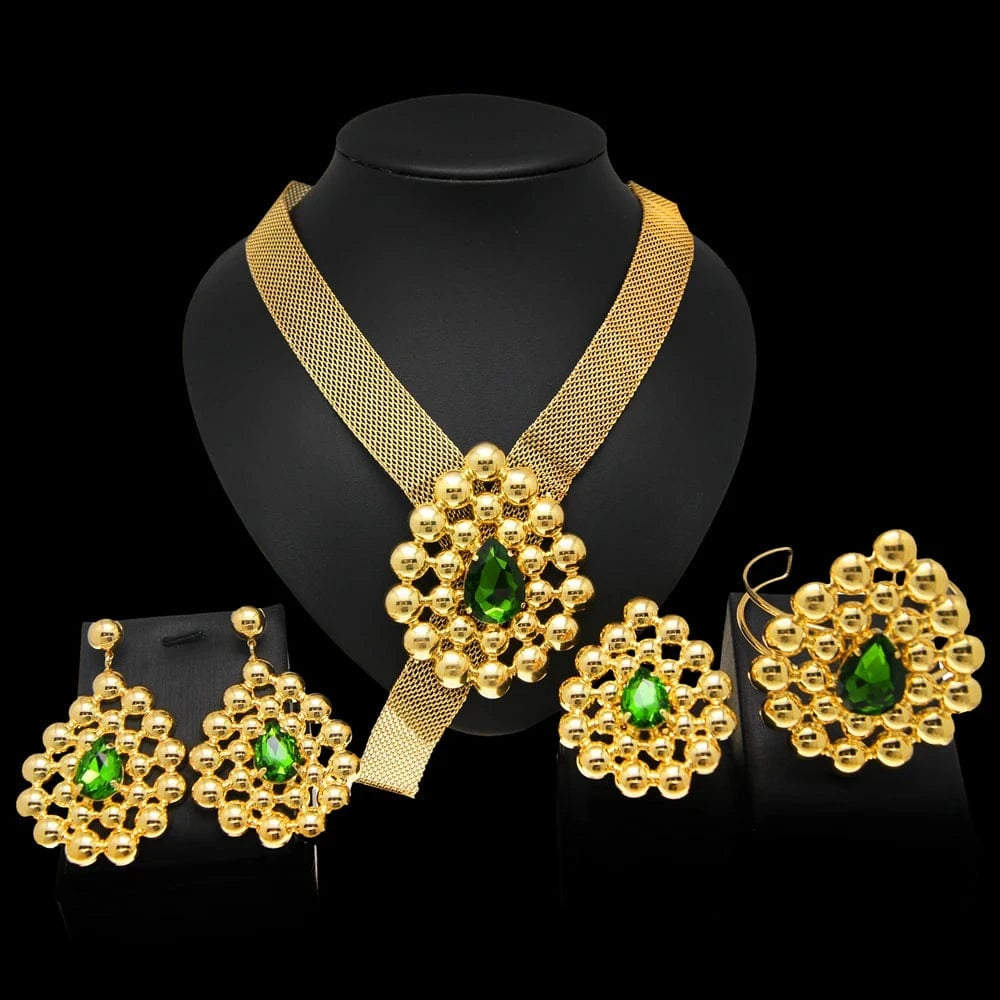 Zhuerrui Brazilian Gold Design Green Red Jewelry Set High Quality Bridal Wholesale Handmade Wide Necklace Jewelry Sets H20012