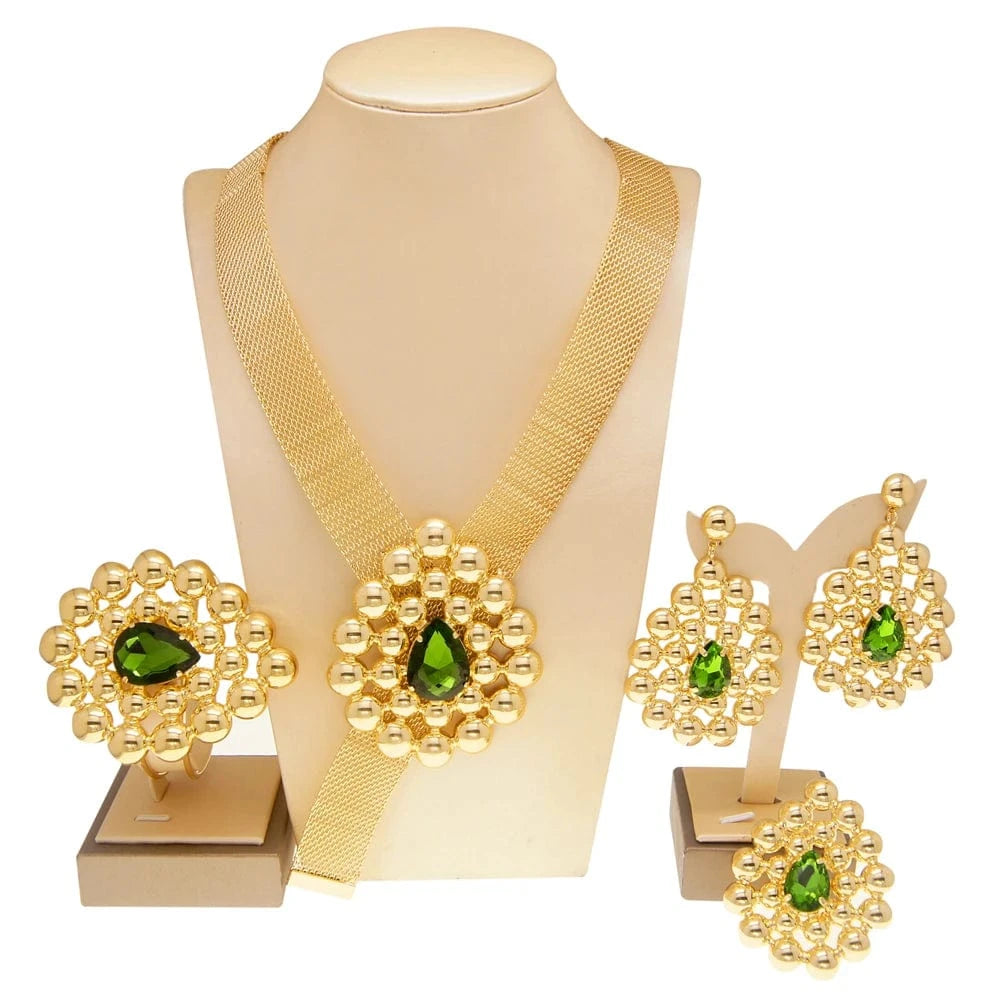 Zhuerrui Brazilian Gold Design Green Red Jewelry Set High Quality Bridal Wholesale Handmade Wide Necklace Jewelry Sets H20012